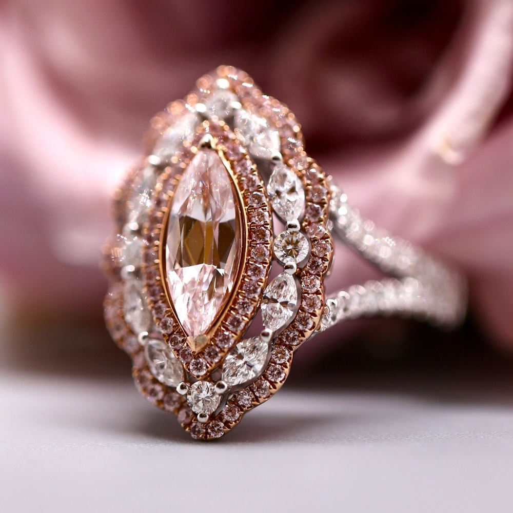 3 Carat Pink Diamond Marquise Halo Rare Ring